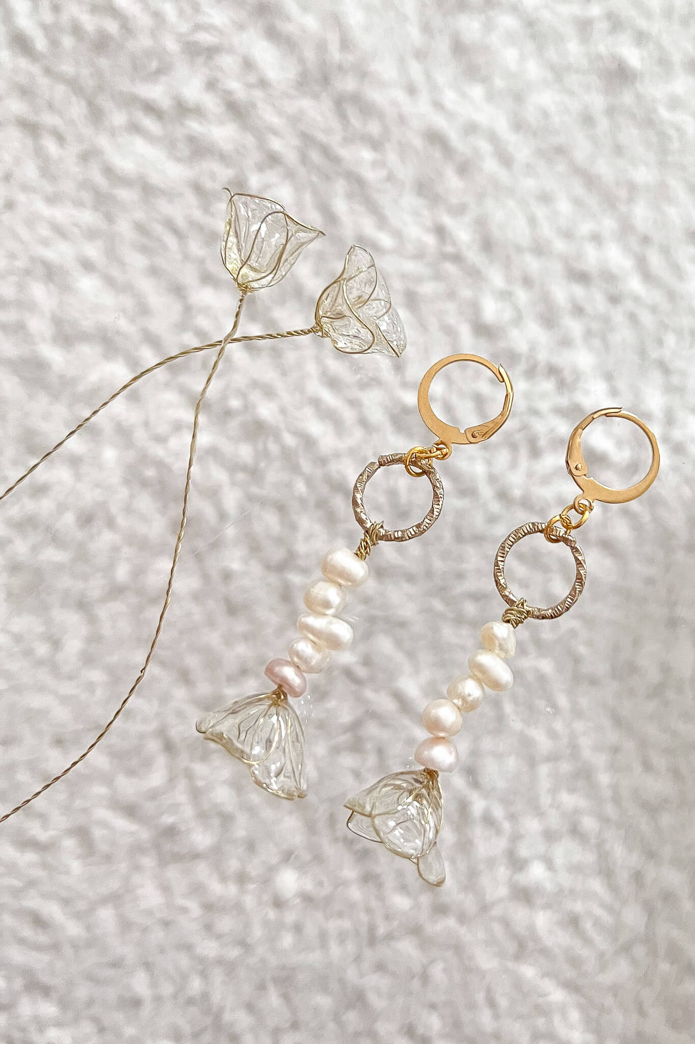 Circle shape Huggie Hoops with wire resin flower earrings and baroque pearls. gold hardware, classy Parisian European inspired old money vibe inspo