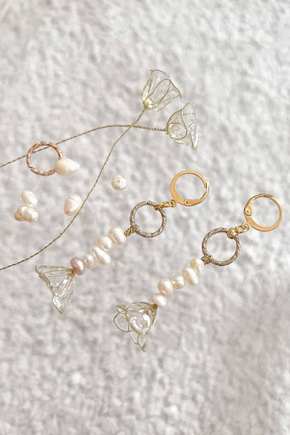 Circle shape Huggie Hoops with wire resin flower earrings and baroque pearls. gold hardware, classy Parisian European inspired old money vibe inspo