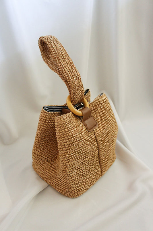 Trapezium rattan look straw Box Bag, perfect for summer with gold chain and wooden hoops. Summer beach vibe