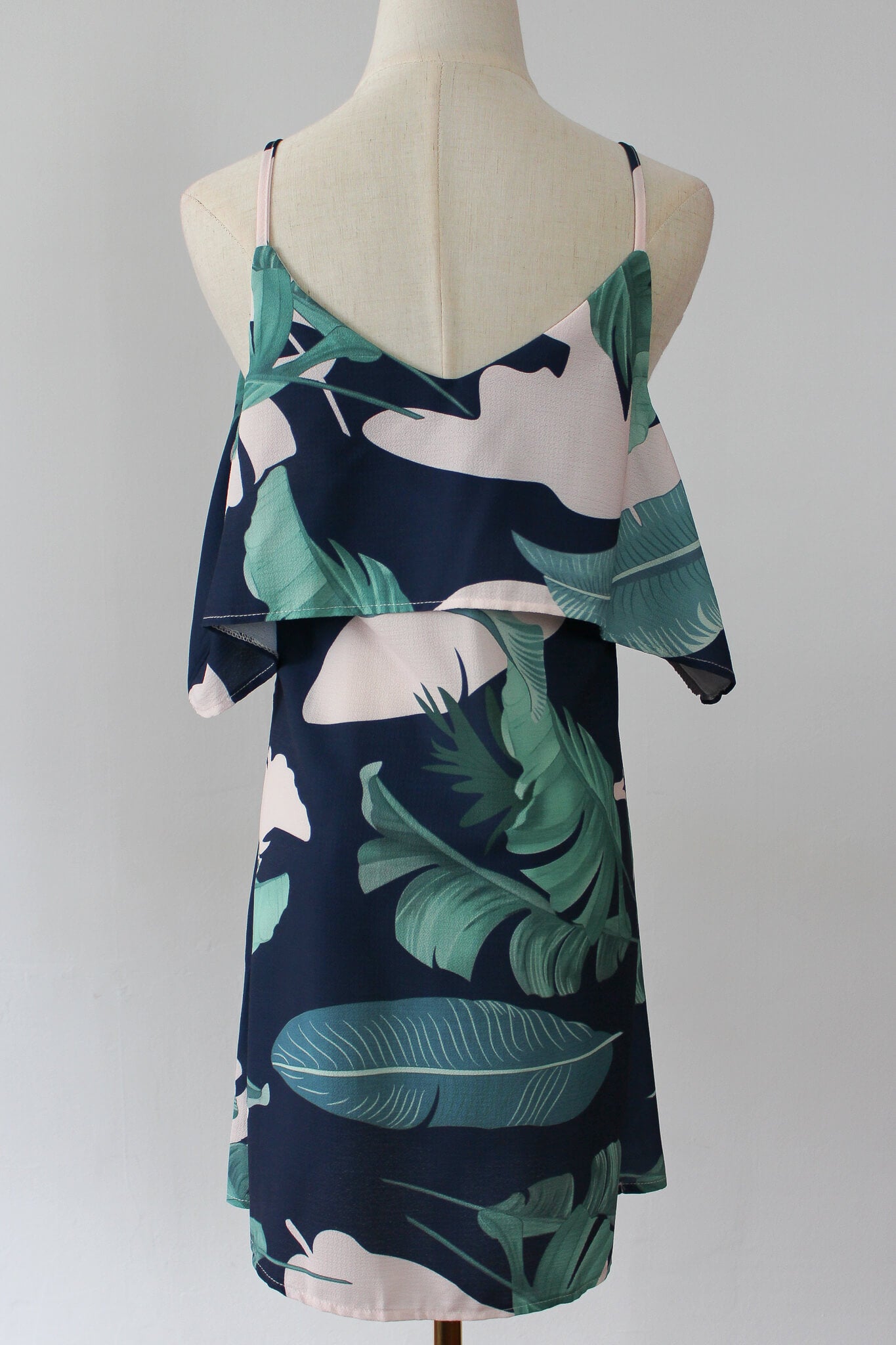 leaf printed loosely fitted cold shoulder dress. thin and lightweight material perfect for summer
