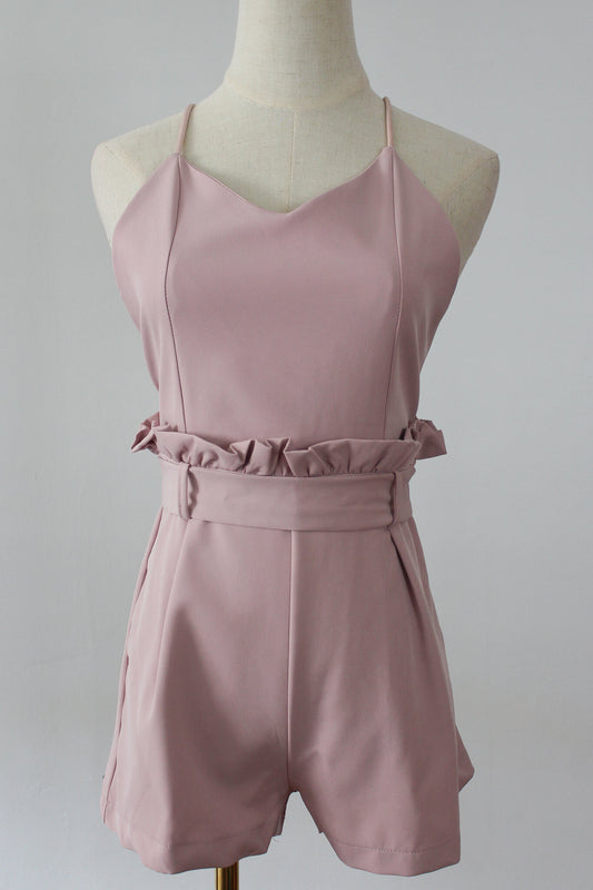 Backless Gathered Waist Belted Romper, perfect for summer