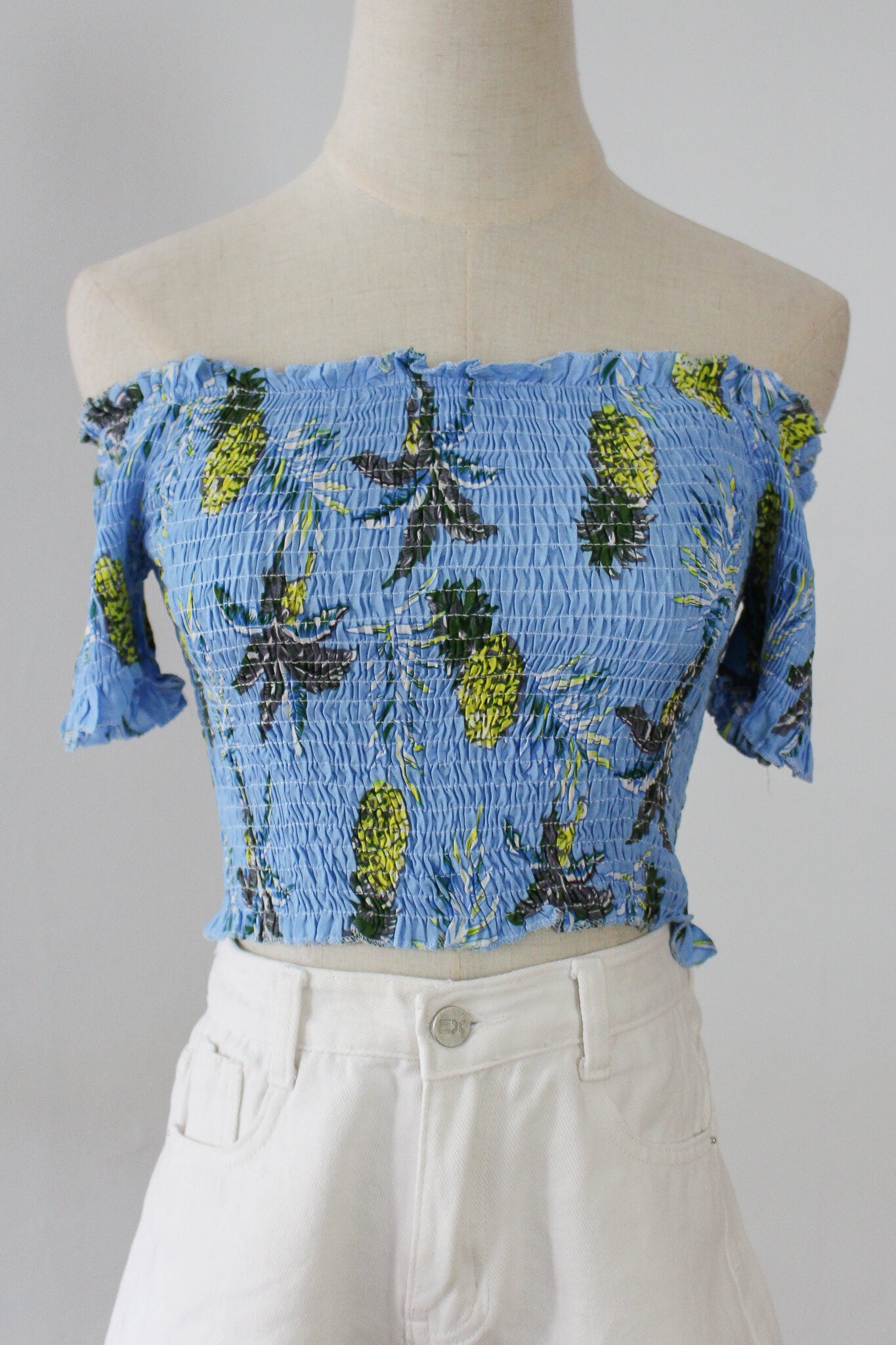 Printed Off Shoulder Shirred Top with tied ribbon