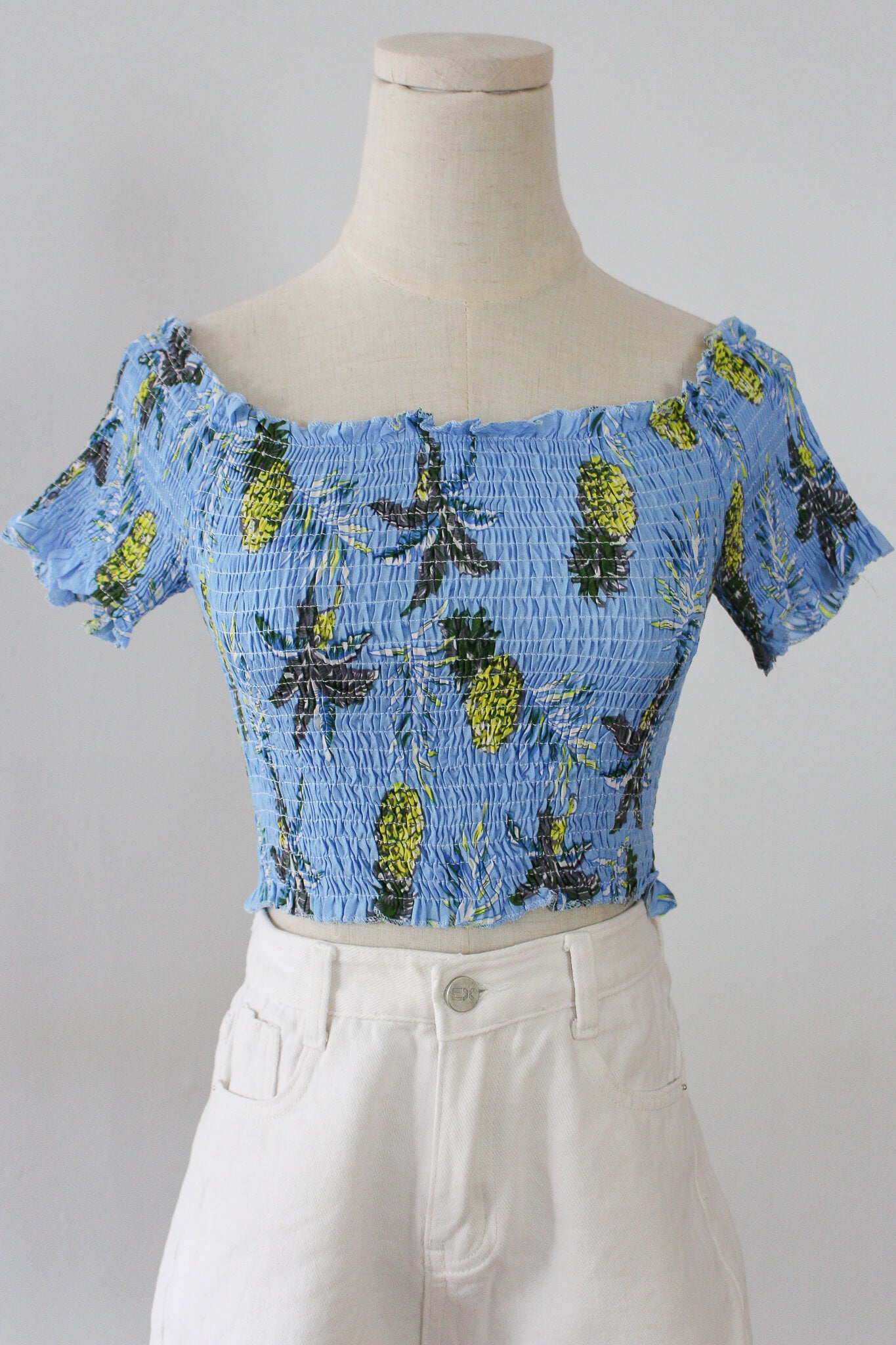 Printed Off Shoulder Shirred Top with tied ribbon