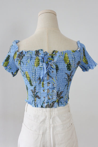 Printed Off Shoulder Shirred Top with tied ribbon