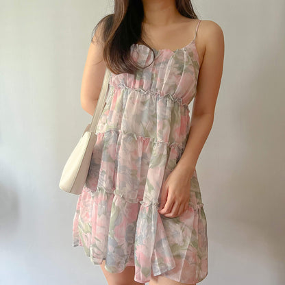 Sweet pink babydoll tier dress with self-tie adjustable straps, perfect for summer